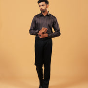 Model wearing multicoloured satin stripes shirt full front view