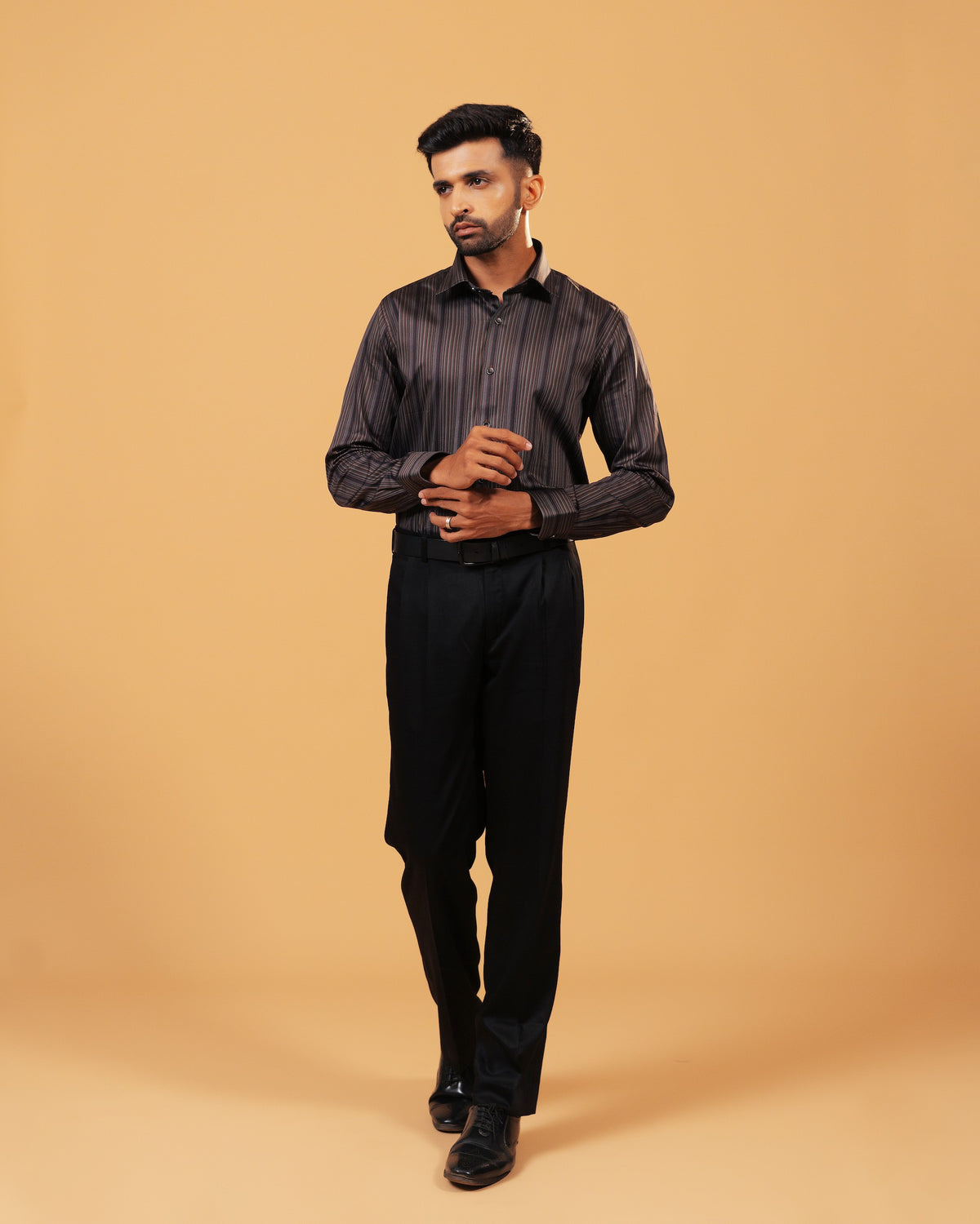 Model wearing multicoloured satin stripes shirt full front view