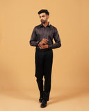 Model wearing multicoloured satin stripes shirt full front view
