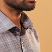 Inside collar tape detail of light brown Giza twill check shirt