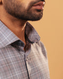 Inside collar tape detail of light brown Giza twill check shirt