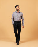 Model wearing light brown Giza twill check shirt full front view
