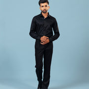 Model wearing black twill shirt full front view