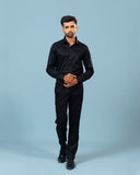 Model wearing black twill shirt full front view