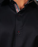 Model wearing black twill shirt full front zoomed placket view