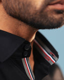 Half side collar view of black twill shirt on model