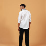 Model back view wearing white Giza satin shirt