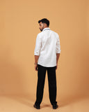 Model back view wearing white Giza satin shirt