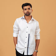 Model wearing white Giza satin shirt front view