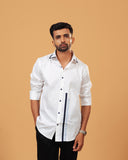 Model wearing white Giza satin shirt front view