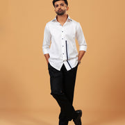 Model wearing white Giza satin shirt full front view