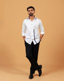 Model wearing white Giza satin shirt full front view
