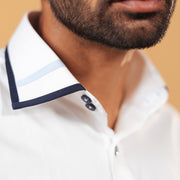 Half side collar view of white Giza satin shirt on model