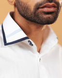 Half side collar view of white Giza satin shirt on model