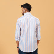 Model back view wearing white seersucker striped shirt