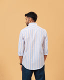 Model back view wearing white seersucker striped shirt