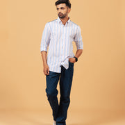 Model wearing white seersucker striped shirt full front view